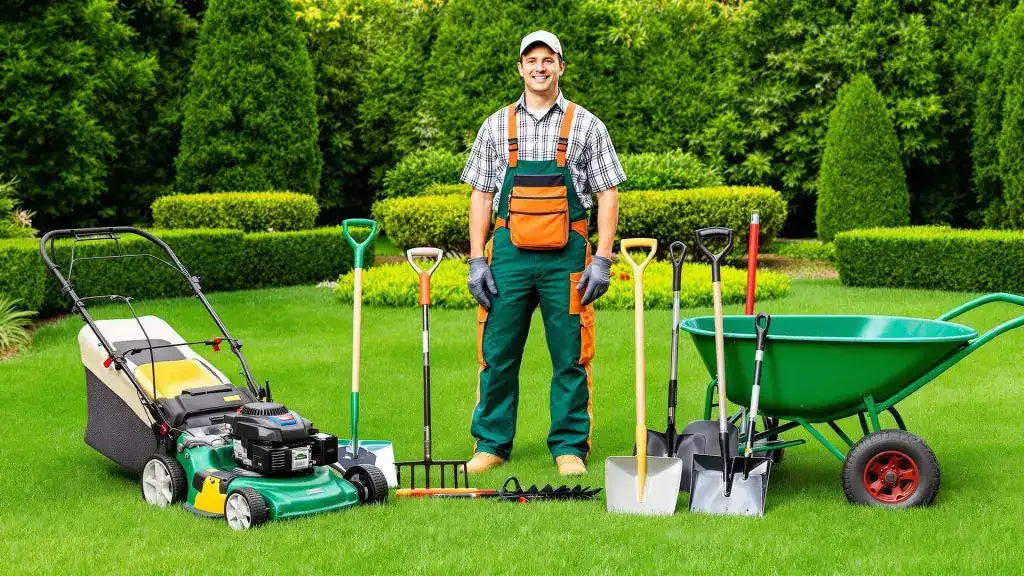 A landscaper with a walk-behind mower, wheelbarrow, and hand tools arranged on a manicured lawn — landscaping insurance in Alabama.