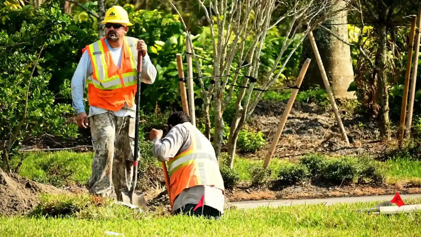 Two landscapers in high-visibility vests planting and grading a landscape bed.