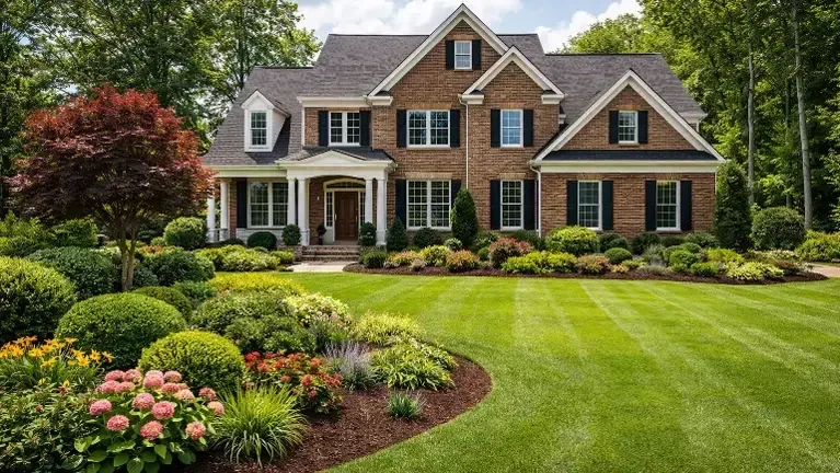 A finished residential landscape with a manicured lawn, shrubs, and planting beds at a brick home.