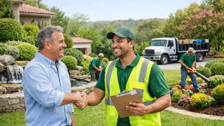 A landscaper reviewing a project with a client beside a plant-loaded work truck — landscaping insurance in Illinois.