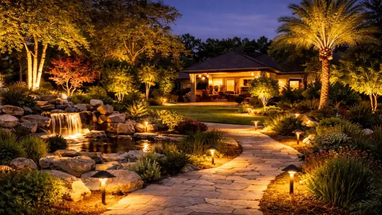 A professionally landscaped yard lit at dusk with low-voltage path and accent lighting — landscaping insurance in Nevada.